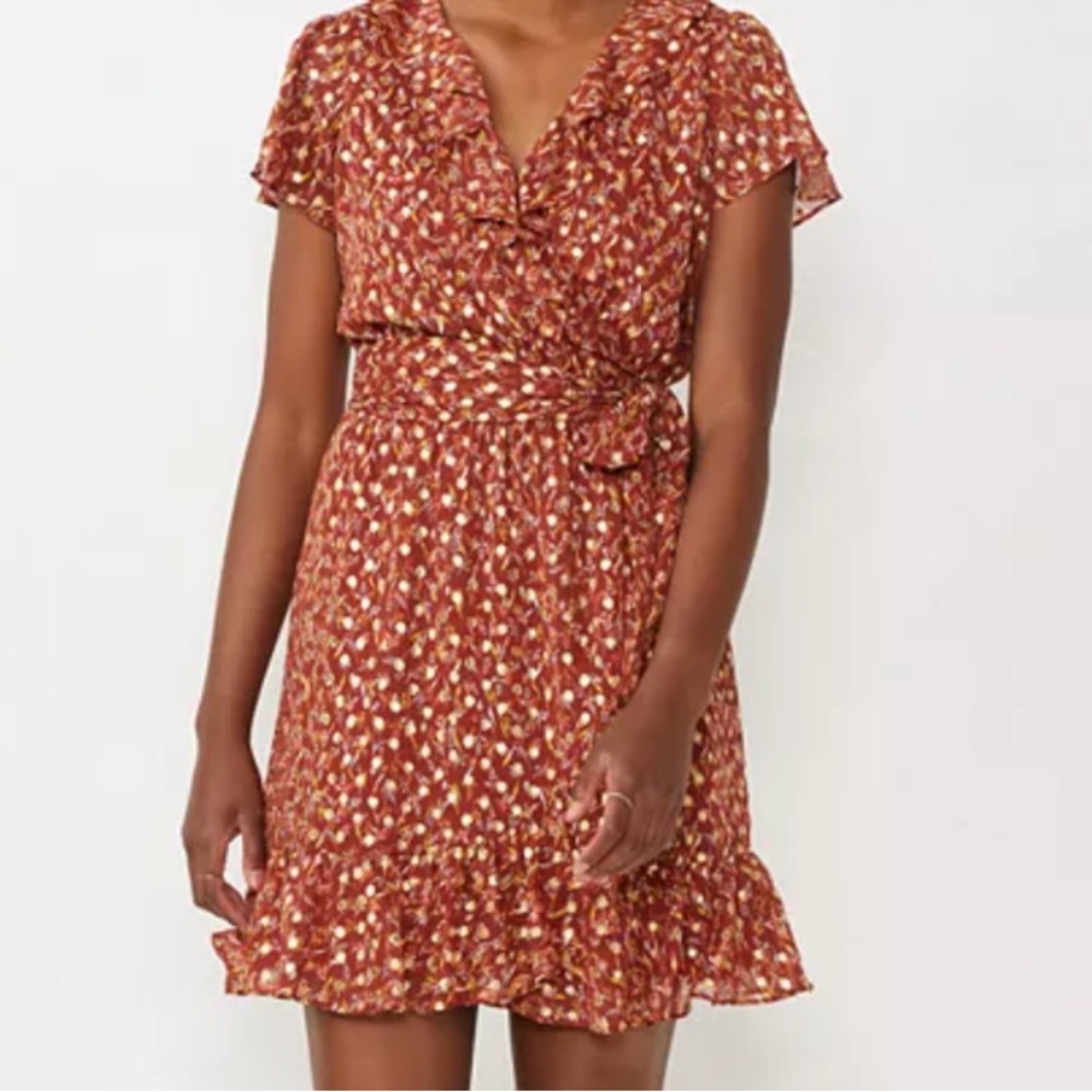 LC Ruffle Neck Flutter-Sleeve Wrap Dress